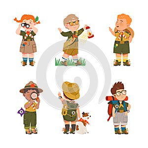 Cute Boy and Girl as Junior Scout Camping at Nature Vector Set