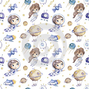 Cute boy and girl astronaut with rocket and planets background seamless pattern watercolor colorful cosmic kid cartoon