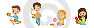 Cute Boy and Girl Character Eating Healthy and Fast Food for Lunch Vector Set