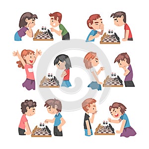 Cute Boy and Girl Character Sitting and Playing Chess Vector Set