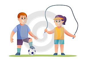 Cute boy and girl doing exercise cartoon character