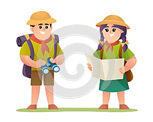 Cute boy and girl explorer with scout costume characters