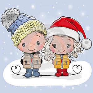 Cute Boy and Girl in hats and coats photo