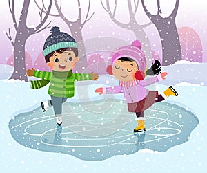Cute boy and girl kids ice skating in winter snowy landscape