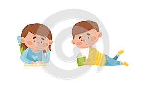 Cute boy and girl lying on floor and reading books set. Elementary school students with books. Kids education cartoon