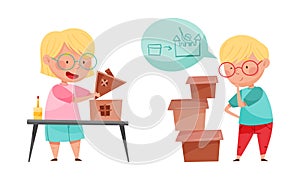 Cute boy and girl making crafts. Children creativity and imagination development cartoon vector illustration