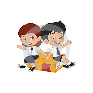 Cute boy and girl are relaxing and enjoying reading books. Vector illustration isolated on white background