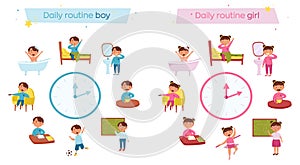 A cute boy and girl daily routine. Children in different situations vector illustration. Isolated on white background