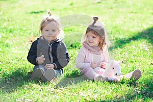 Cute boy and girl sit on grass on summer field. Baby child in green grass on spring lawn. Little kids walking in the