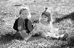 Cute boy and girl sit on grass on summer field. Baby child in green grass on spring lawn. Little kids walking in the