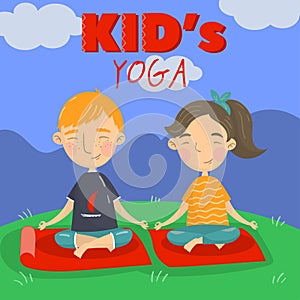 Cute boy and girl sitting on the floor in a lotus position and meditating, kids yoga vector illustration, cartoon style