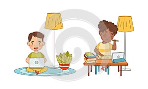 Cute boy and girl studying at home using laptop computers set. Online education, distance school cartoon vector