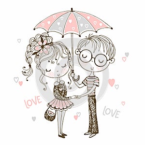 Cute boy and girl under umbrella. Rendezvous.Valentine. Vector