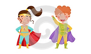 Cute Boy and Girl Wearing Superhero Costume Pretending to Have Super Power Vector Set