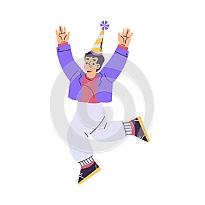 Cute Boy at Happy Birthday Party in Hat Jumping Celebrating Holiday Vector Illustration