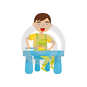 Cute boy having breakfast, kids activity, daily routine vector Illustration on a white background