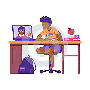 Cute boy having online lesson with teacher flat vector illustration isolated.