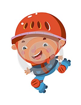 Cute boy in helmet and kneepads roller skating. Sports and children. Vector cartoon for design. Isolated character on