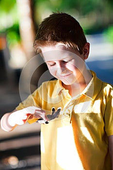 Cute boy holding baby turtle