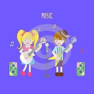 Cute boy holding bass and girl with guitar,microphone,speaker and music note concert music festival in blue background