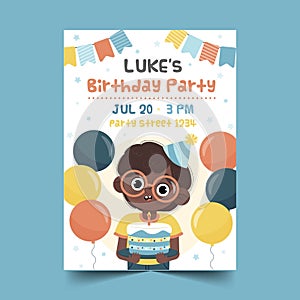 cute boy holding cake being surrounded by balloons poster vector design