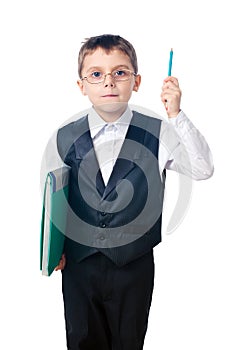 A cute boy holding a pencil and a folder