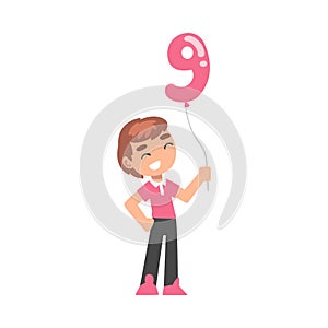 Cute Boy Holding Pink Balloon Shaped as 9 Number Cartoon Style Vector Illustration