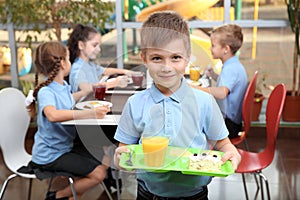 Cute boy holding tray with healthy food photo