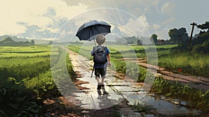 Cute boy holding umbrella walking on rural road on rainy day. Generative Ai