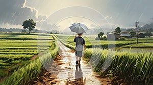 Cute boy holding umbrella walking on rural road on rainy day. Generative AI