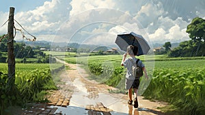 Cute boy holding umbrella walking on rural road on rainy day. Generative AI