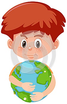 Cute boy hugging earth globe in cartoon style