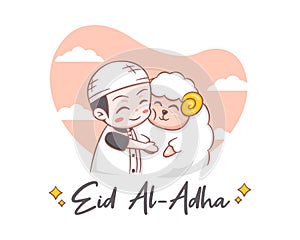 A cute boy hugging a sheep in eid al adha cartoon illustration