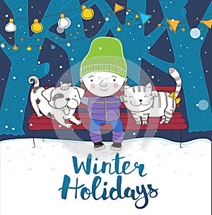 Cute boy hugs his lovely friends dog and cat. Sitting on a bench. Holidays illustration.