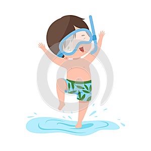 Cute Boy Jumping in Water in Diving Mask, Kids Summer Activities, Adorable Child Having Fun on Beach on Holidays Cartoon
