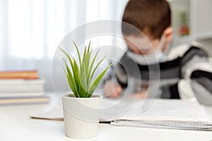 Cute boy in medical mask studying at home and doing school homework photo