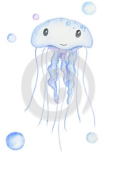Cute boy medusa. Watercolor illustration.