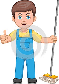 cute boy with mop and thumbs up