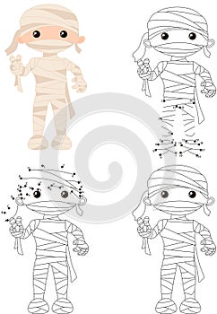 Cute boy in a mummy costume. Halloween coloring book and dot to dot game for kids