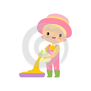 Cute Boy in Overalls, Rubber Boots and Hat Pouring Grain, Young Farmer Cartoon Character Engaged in Agricultural