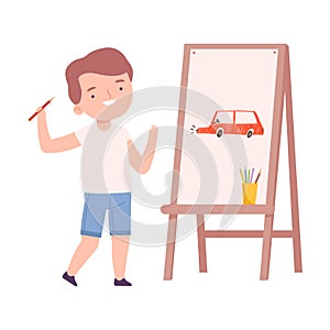 Cute Boy Painting on Canvas, Little Artist Character Drawing Car on Easel with Paints Cartoon Style Vector Illustration