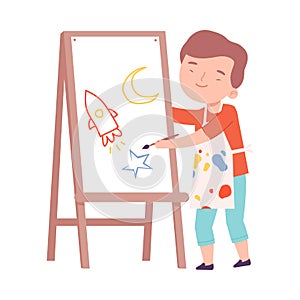 Cute Boy Painting on Canvas, Little Artist Character Drawing Space Rocket on Easel with Paints Cartoon Style Vector