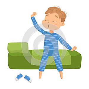 Cute Boy in Pajamas Waking up and Stretching in Morning Cartoon Style Vector Illustration