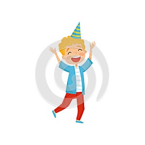 Cute boy in party hat having fun at birthday party cartoon vector Illustration on a white background