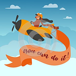 Cute boy pilot flies on a yellow plane in the sky. Air adventure. Isolated cartoon vector illustration