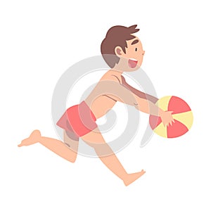 Cute Boy Playing with Ball, Adorable Child Having Fun on Beach on Summer Holidays Cartoon Vector Illustration