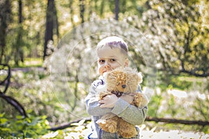 A cute boy is playing with a bear cub in the forest. The sun`s rays envelop the space of the clearing with a stump. A magical