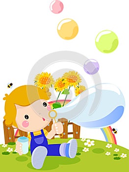 Cute boy playing bubbles