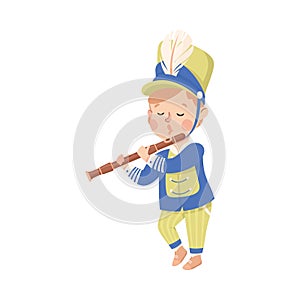 Cute boy playing flute musical instrument in marching band parade cartoon vector illustration