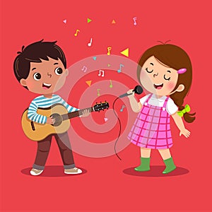 Cute boy playing guitar and little girl singing on red background